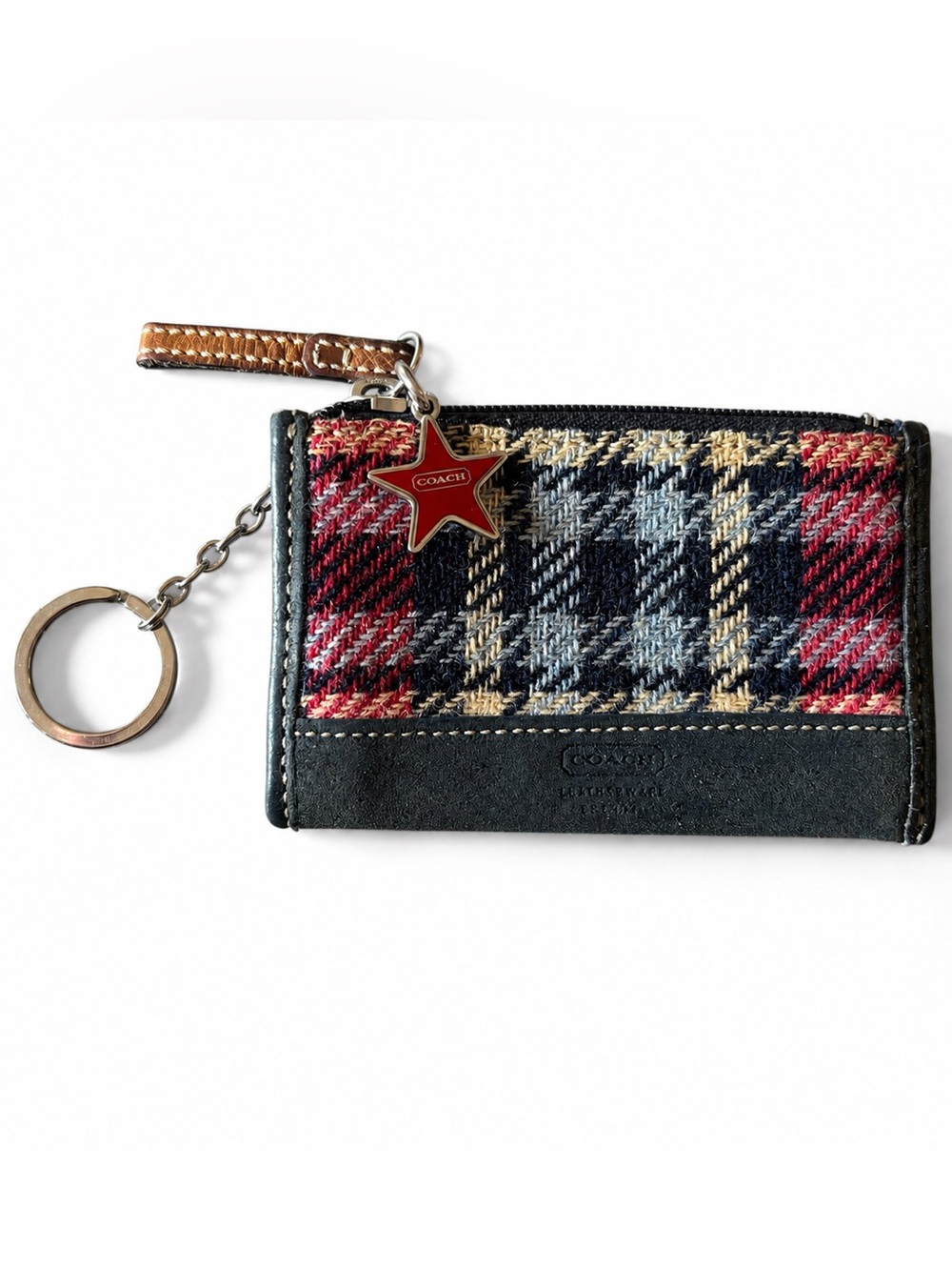 Coach Vintage 100% Wool Star Keychain Blue Red Plaid Coin Purse Mini Skinny